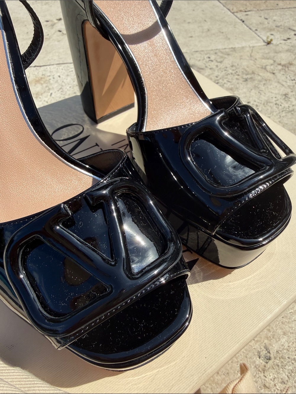 Valentino Black Patent Platform Sandals with Ankle Strap